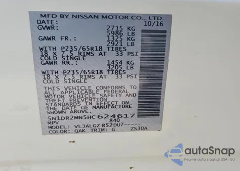 2017 Nissan Pathfinder S z USA, uszkodzony, nr VIN 5N1DR2MN5HC624617